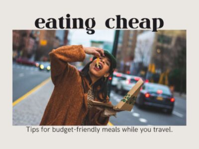 woman eating pizza in a city